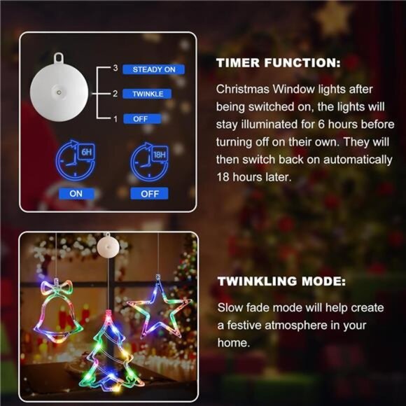 3Pcs Christmas Window Lights - Battery Powered LED Tree, Bell & Star Shaped - Picture 2 of 7